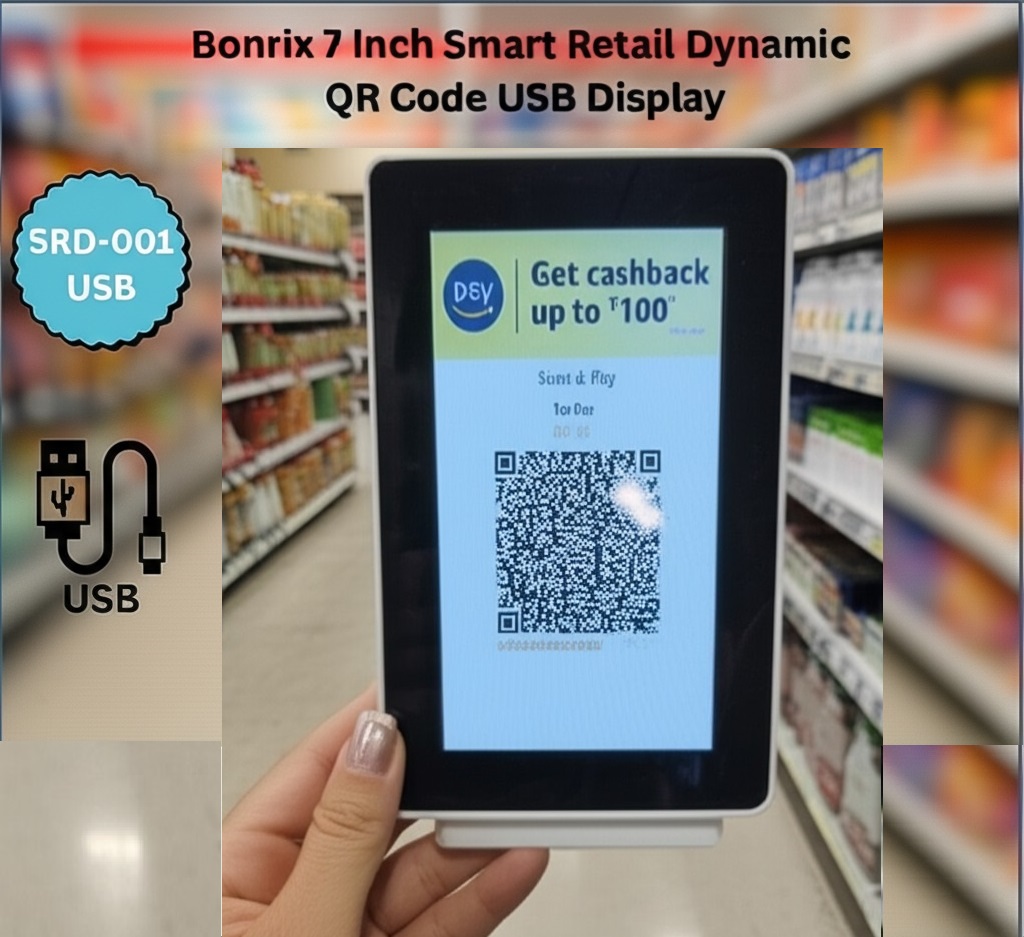 Smart retail display poster showcasing dynamic billing, UPI QR code payments, and real-time confirmations by Bonrix Software Systems in a retail setting