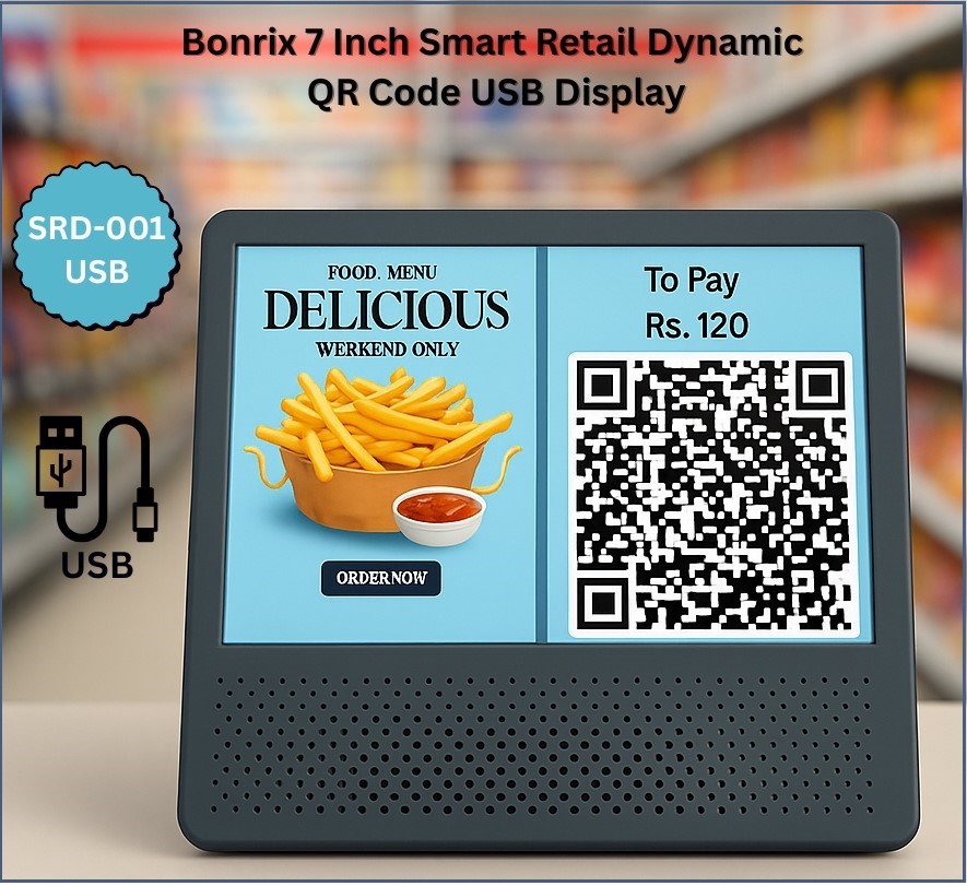 Smart retail display poster showcasing dynamic billing, UPI QR code payments, and real-time confirmations by Bonrix Software Systems in a retail setting