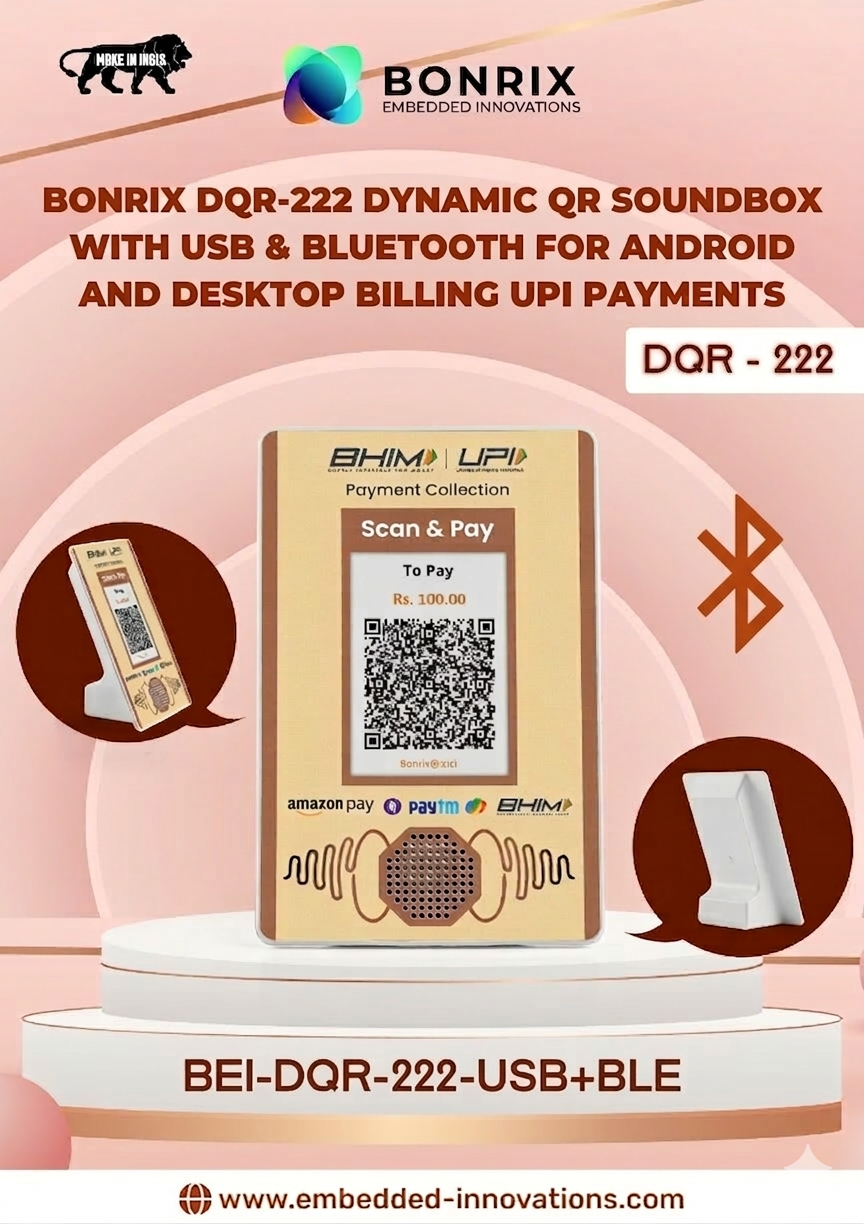 Bonrix DQR-222 Dynamic QR Soundbox with USB & Bluetooth for Android and Desktop Billing UPI Payments
