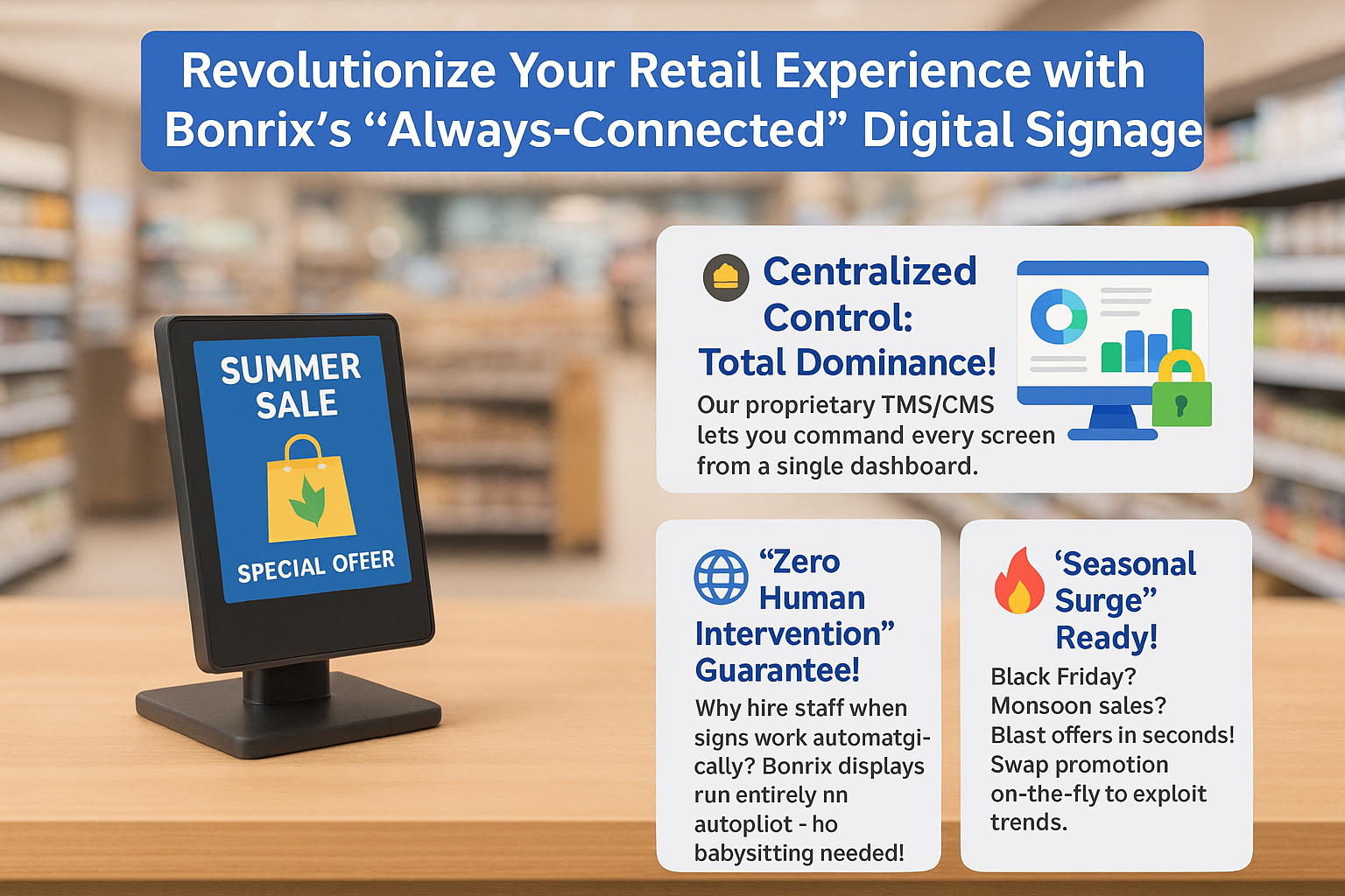 Bonrix Digital Signage for Retail and Billing Counters with TMS/CMS, Real-Time Content Management