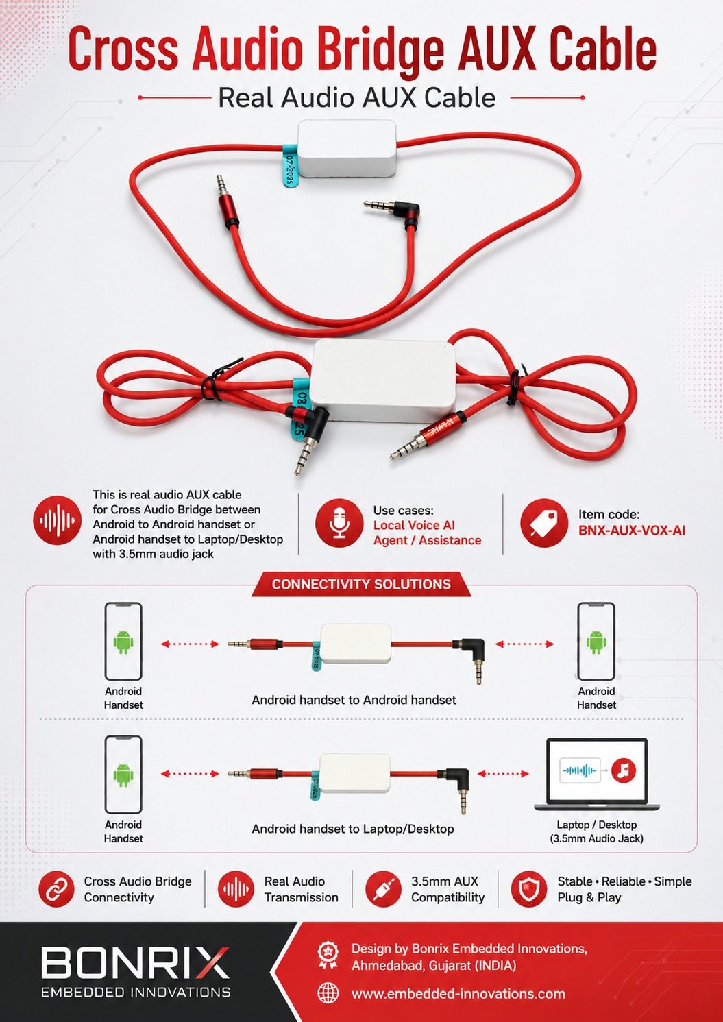 Bonrix Real Audio AUX Cable for Two-Way Android, Laptop & Voice AI Audio Bridge