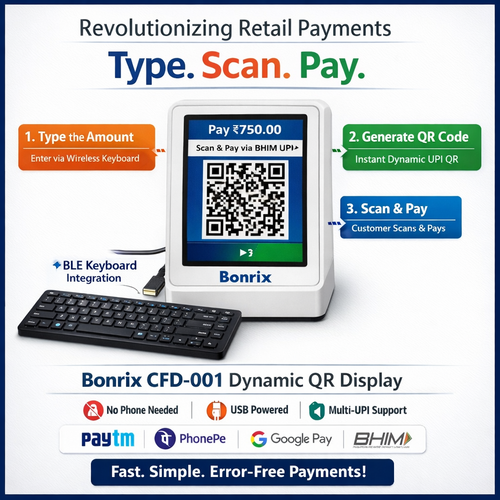 Bonrix BLE Keypad QR Display for Fast UPI Payments at Retail Counters