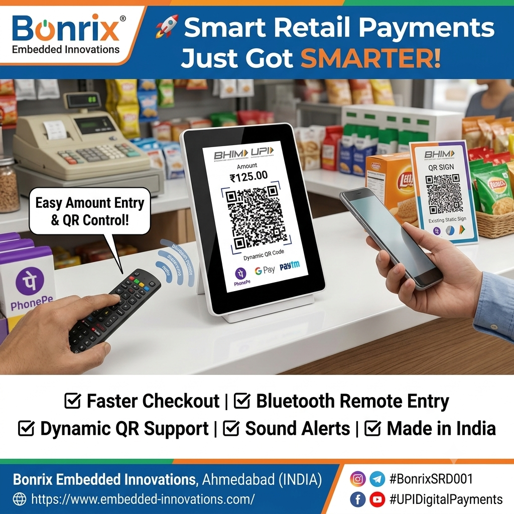 Bonrix 7 inch Smart QR Display Now Supports Bluetooth Remote for Faster BHIM UPI Payment Collection