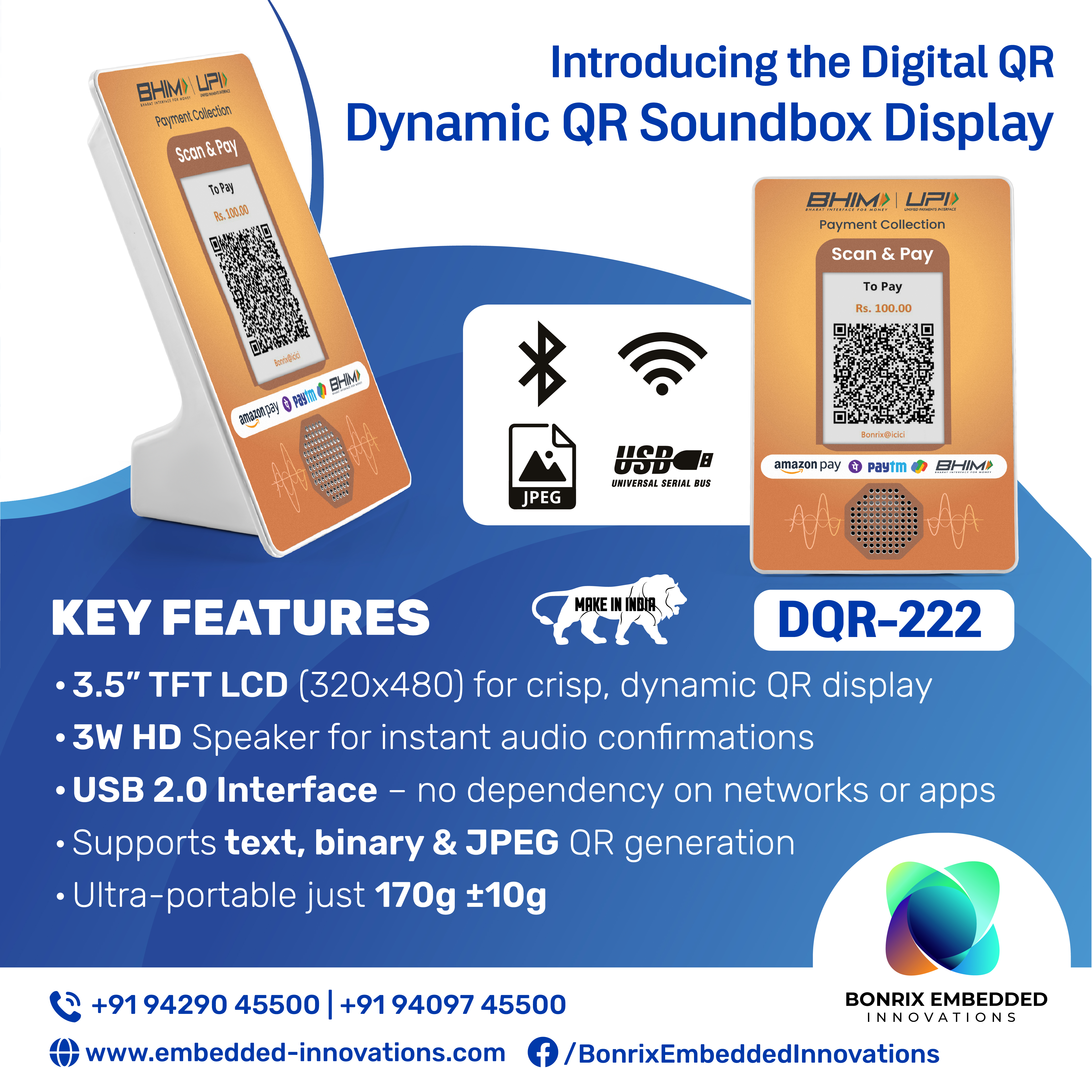 DQR-222 QR Soundbox specifications including USB, WiFi, Bluetooth support, 3.5-inch LCD, 3W speaker, and compatibility with all UPI apps