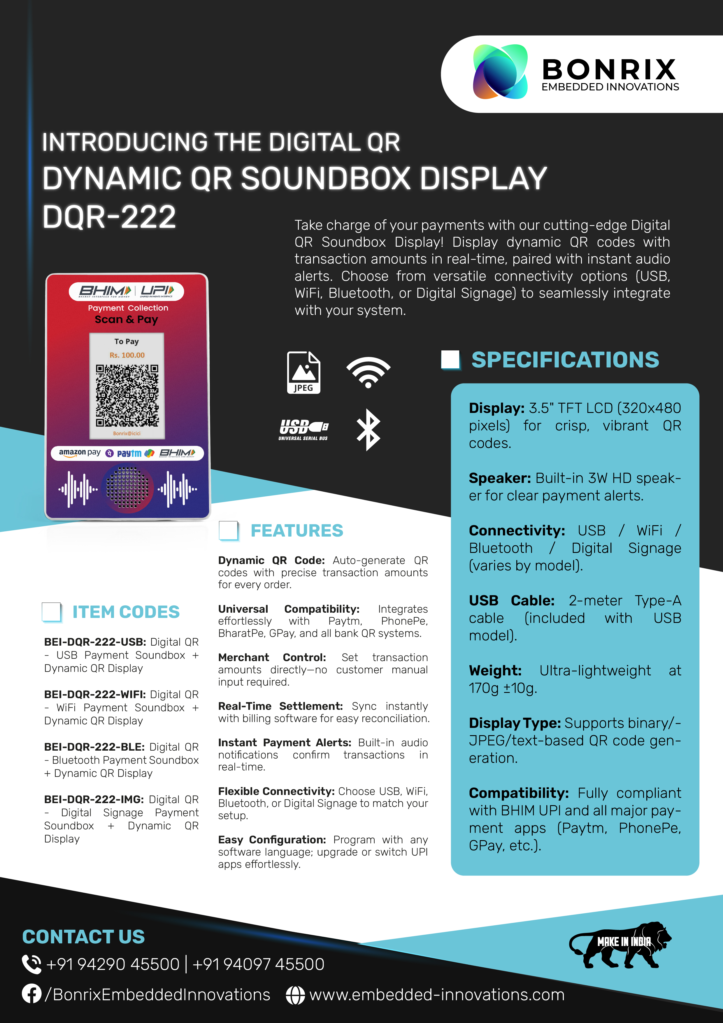 Dynamic QR Soundbox DQR-222 with 3.5-inch TFT display and built-in 3W speaker for instant payment confirmation