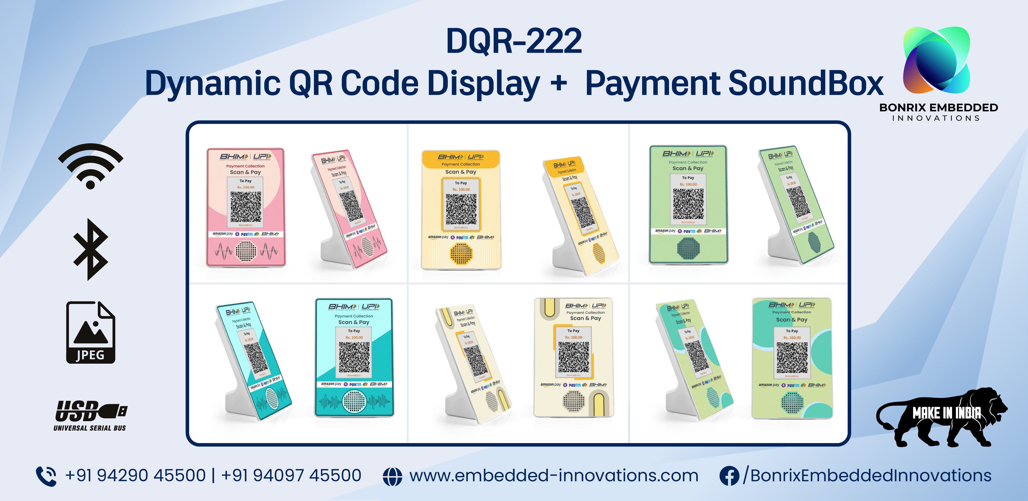 Color variants of DQR-222 Dynamic QR Soundbox including pink, yellow, green, teal, and cream models with front and side views