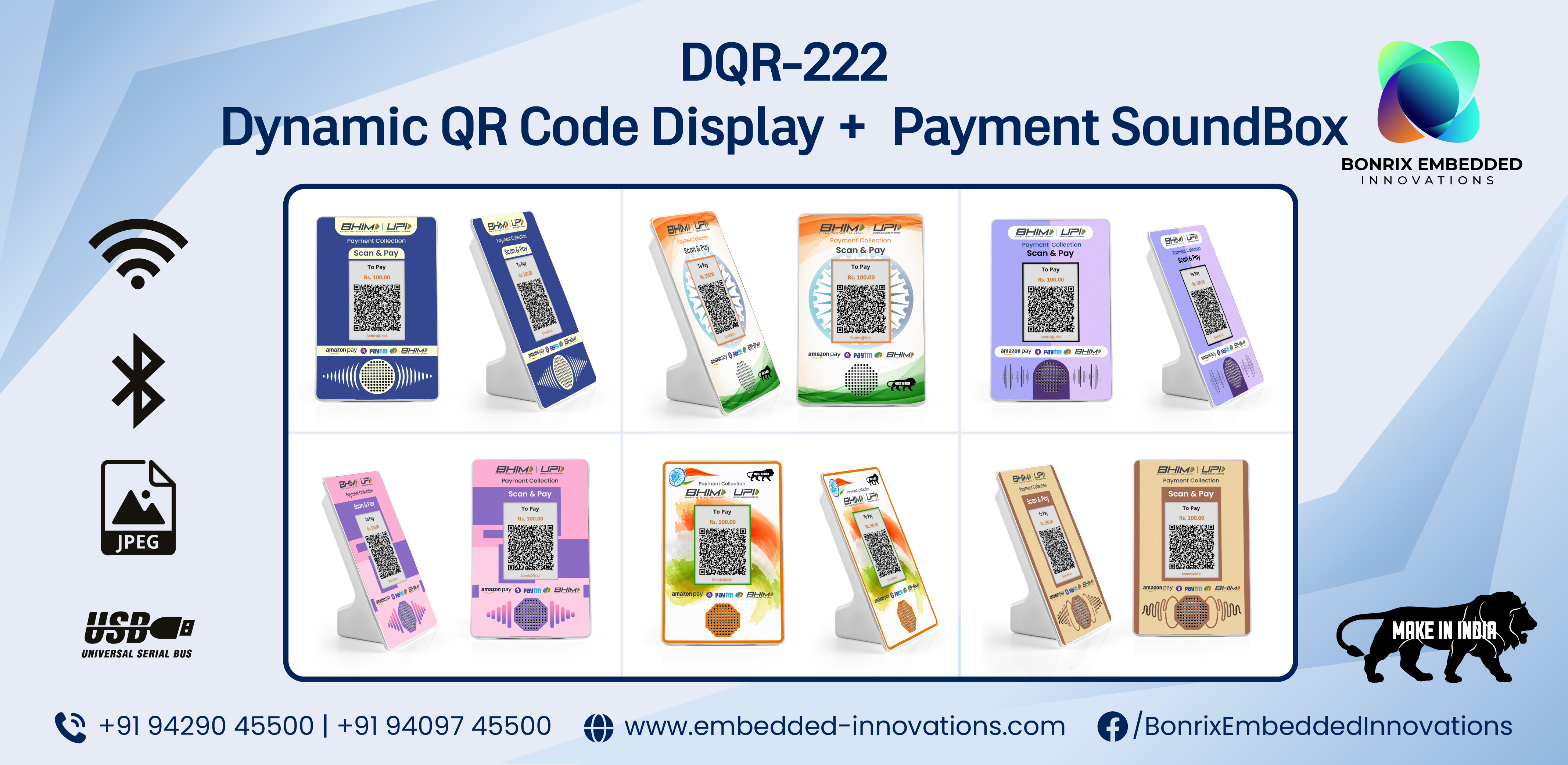 Alternate DQR-222 QR Soundbox models in blue, orange, purple, and tricolor India-themed designs with real-time QR display