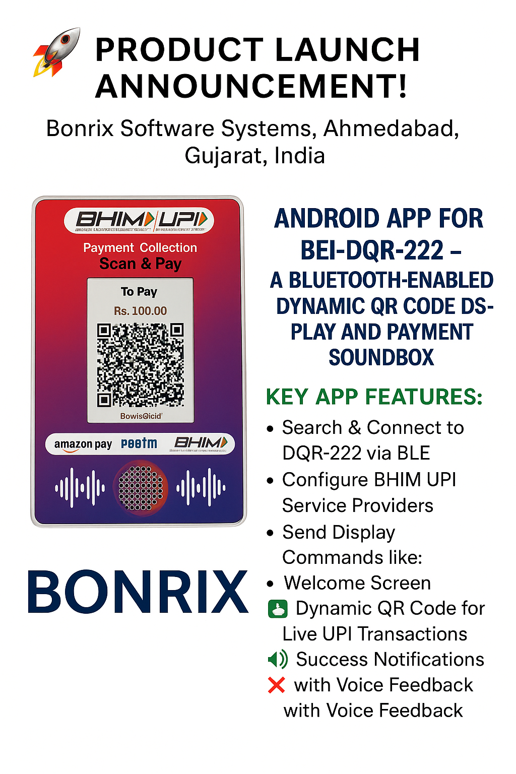 Bonrix DQR-222: Android App for Bluetooth UPI Soundbox & Dynamic QR Display 