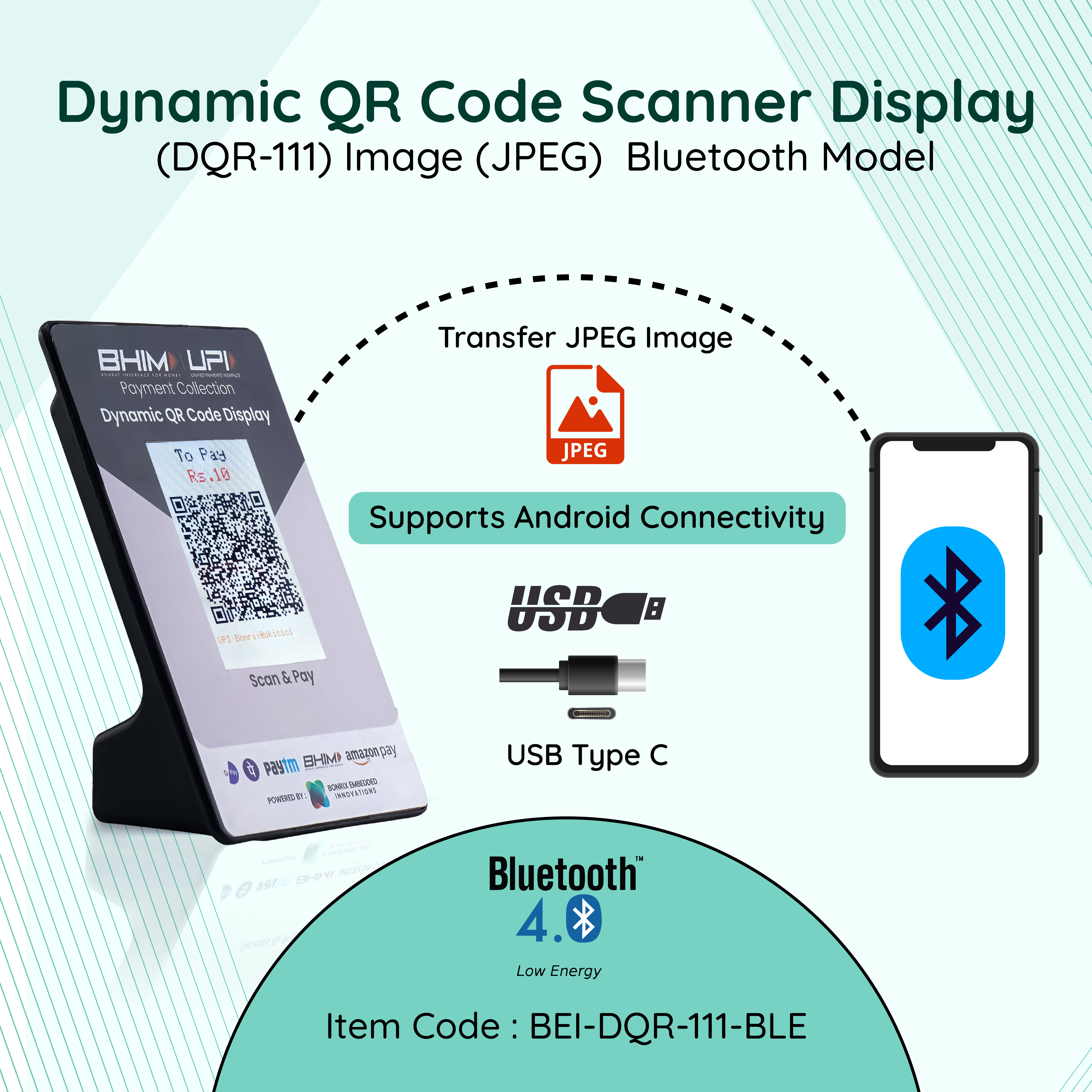 Dynamic QR Code Scanner Display(DQR-111) Image (JPEG) Bluetooth Model ...